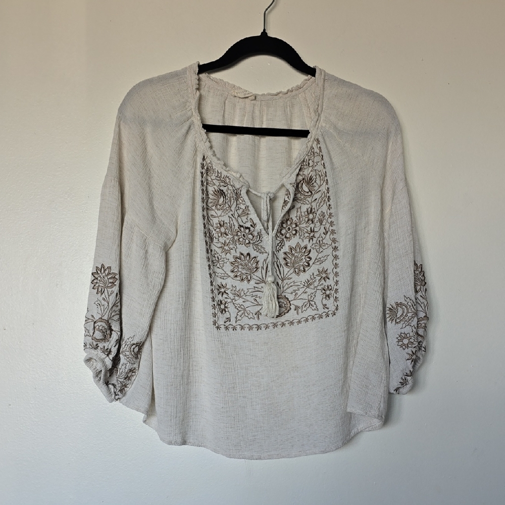 Love Stitch Cream Blouse with Brown Embroidery
